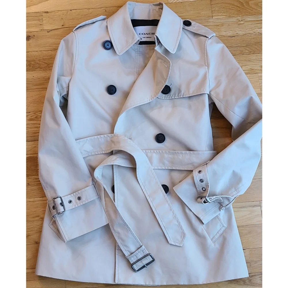 Coach Solid Short Trench Coat Beige Preppy Utilitarian Film Noir Minimalist XS - Picture 13 of 16
